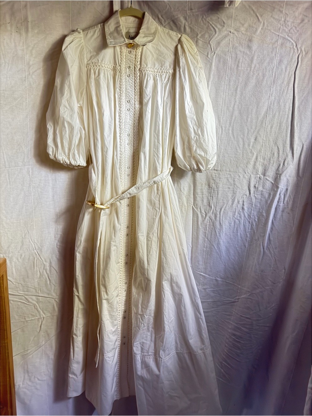 AJE Casablanca White Button-Front Puff Sleeve Midi Dress with Belt - Picture 4 of 5